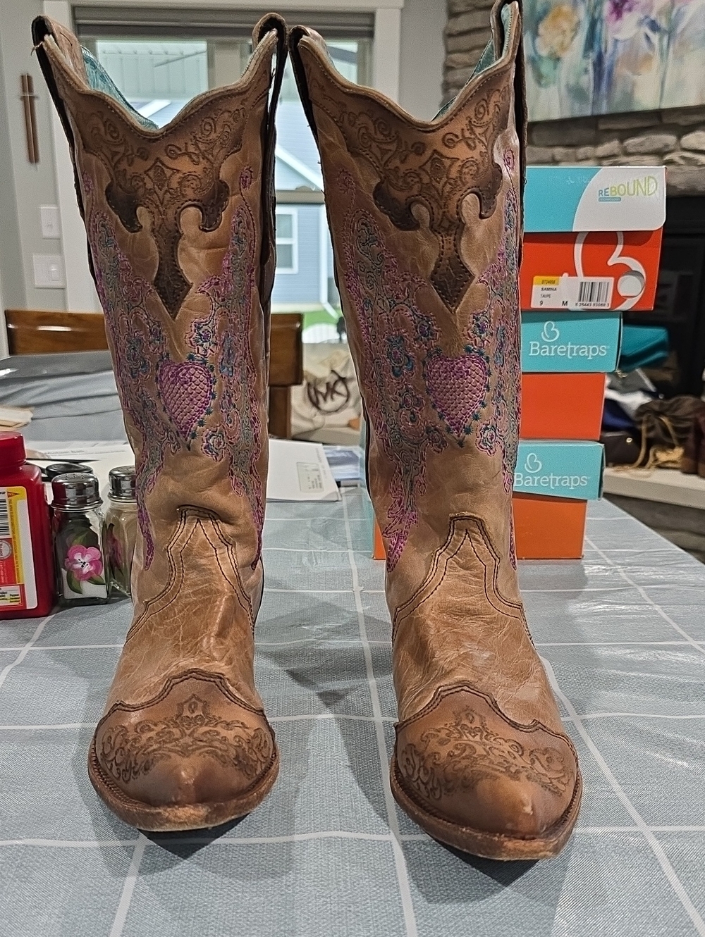 Corral Vintage Brown Leather Western Mid Calf Boots with Purple Teal Embroidery